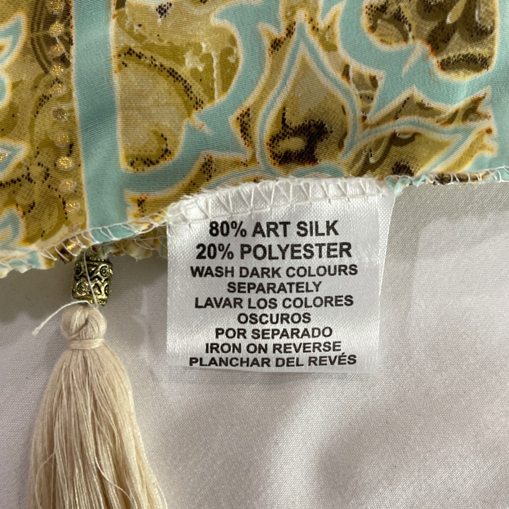Art Silk Damask Scarf Womens OS Aqua Gold Tassel Trim | Bohemian - Picture 4 of 6